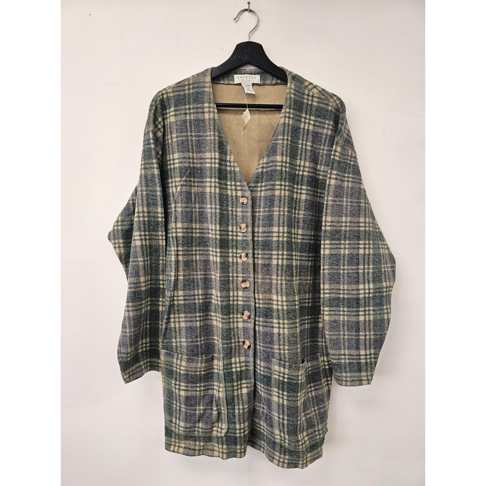 Vintage Express Sweater‎ Womens Medium Plaid Button Up Pockets Tricot 90s